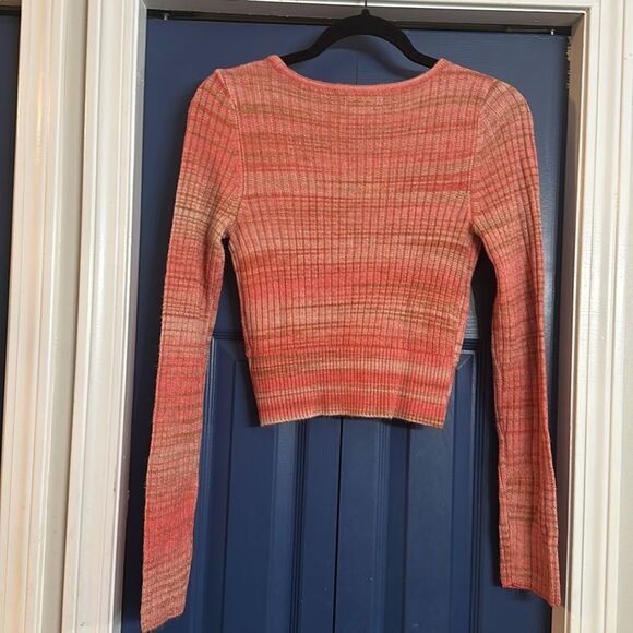 American Eagle Ribbed Wrap Front Striped Cropped Long Sleeve Sweater Size S NWT - Picture 4 of 5